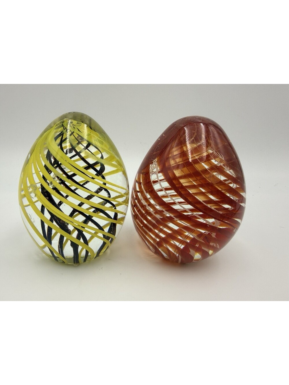 AEP Blown Art Glass Egg Paperweight RED Yellow Swirls Decor Lot Of 2